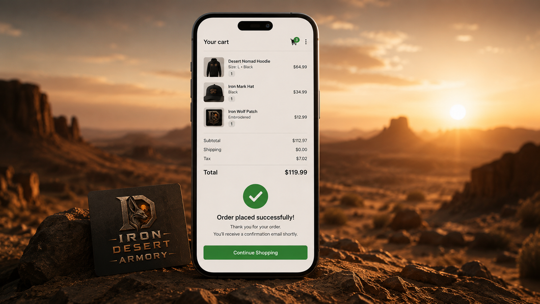Online shopping cart confirmation on mobile phone in desert sunset