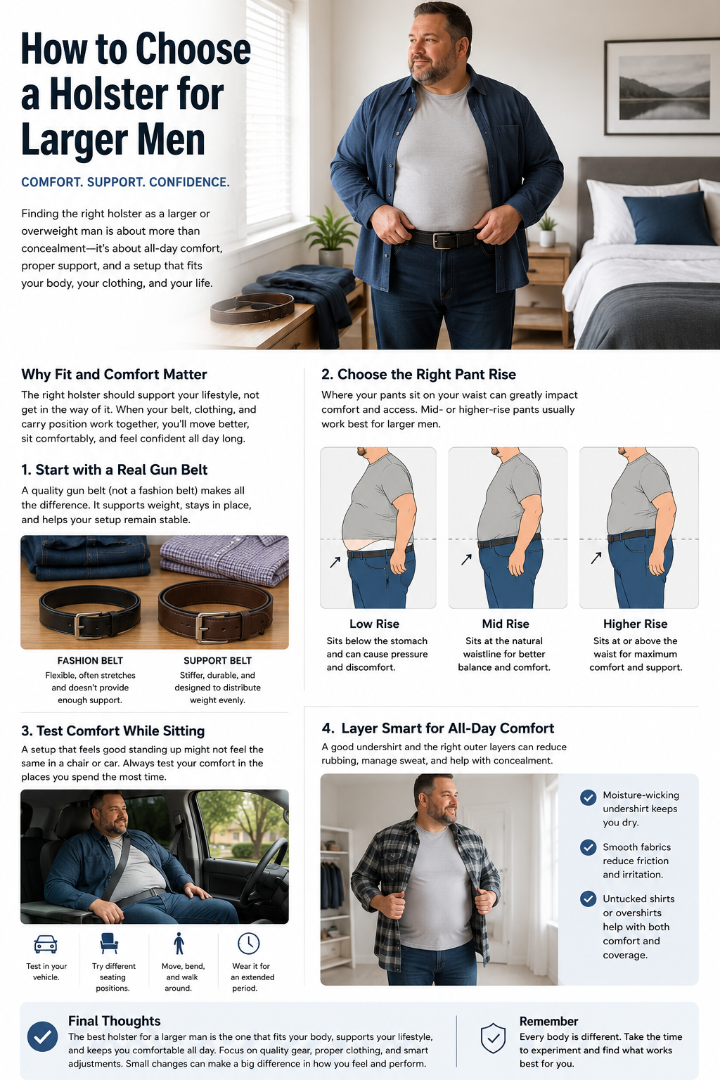 Larger man comparing supportive belts, clothing fit, seated comfort, and layering options.