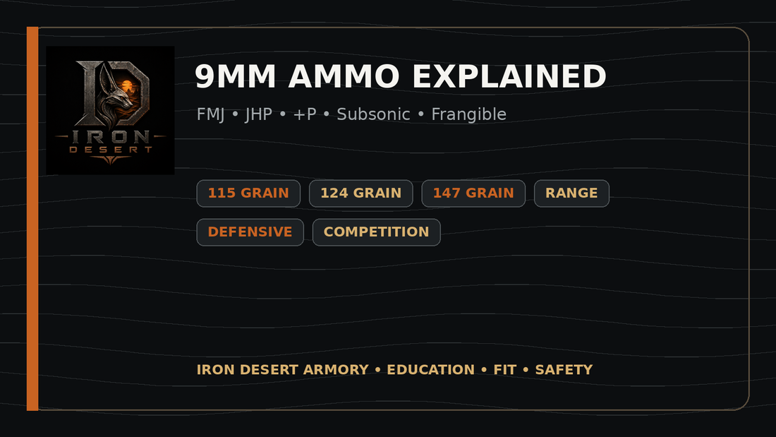 Iron Desert Armory 9mm ammunition guide covering FMJ, JHP, plus P and subsonic loads