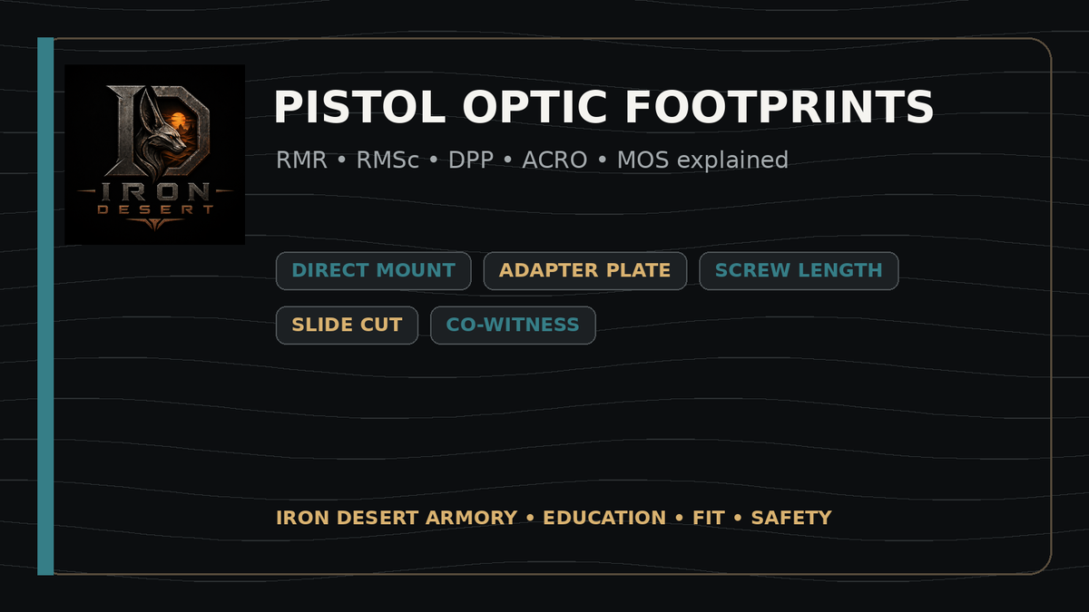 Iron Desert Armory pistol optic footprints guide covering RMR, RMSc, DPP, ACRO and MOS