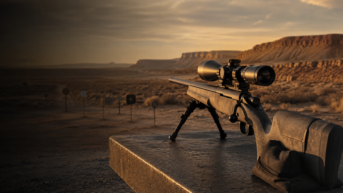 Precision rifle and scope at a western desert range for an MOA versus MRAD guide