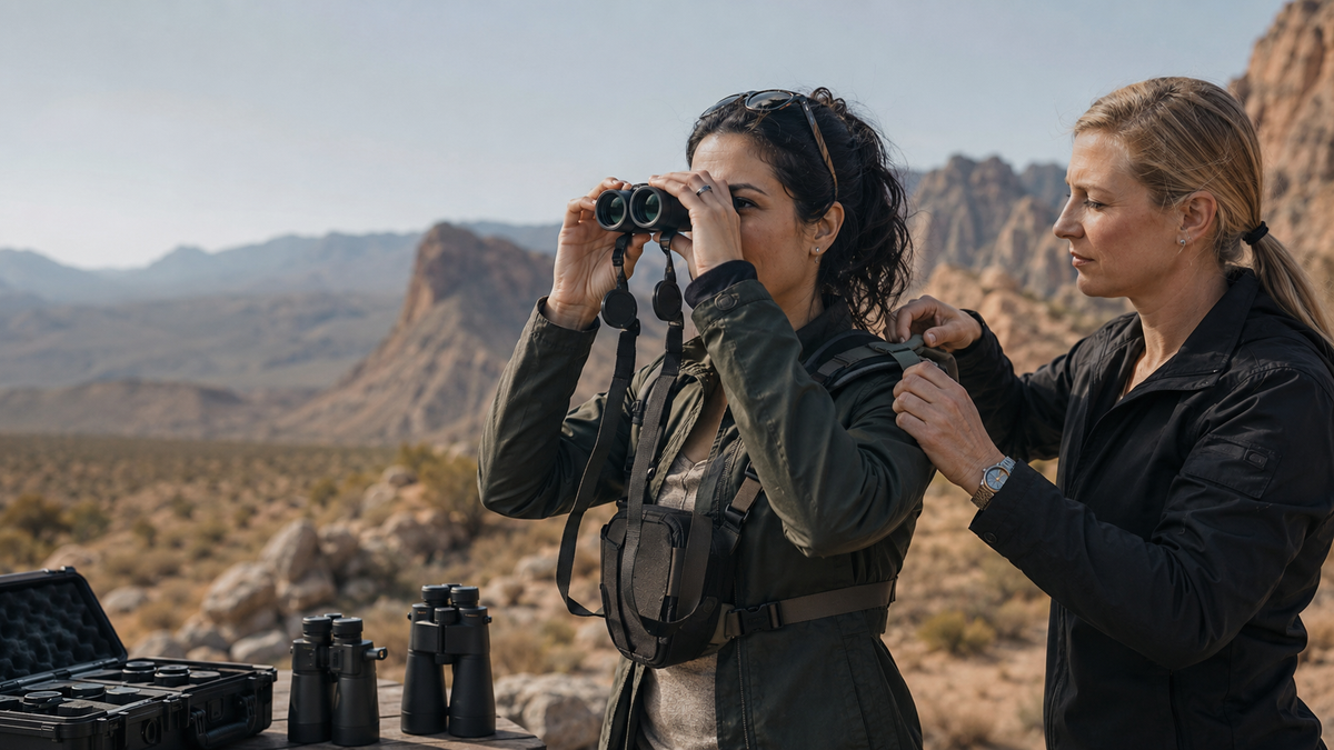 A woman receiving a binocular and harness fitting at a mountain overlook