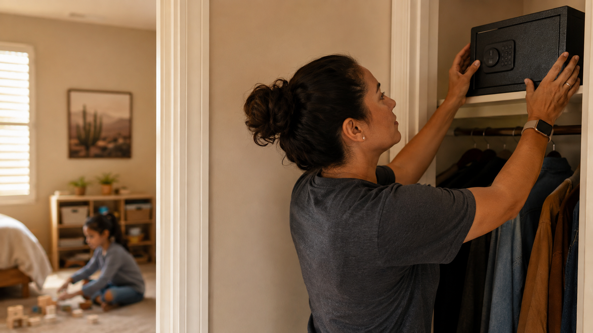 A mother placing a locked safe on a high closet shelf
