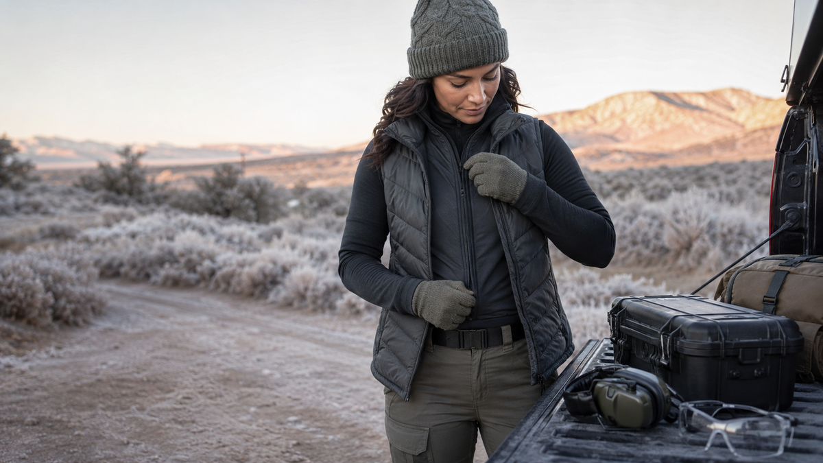 A woman layering practical clothing for a cold outdoor range day