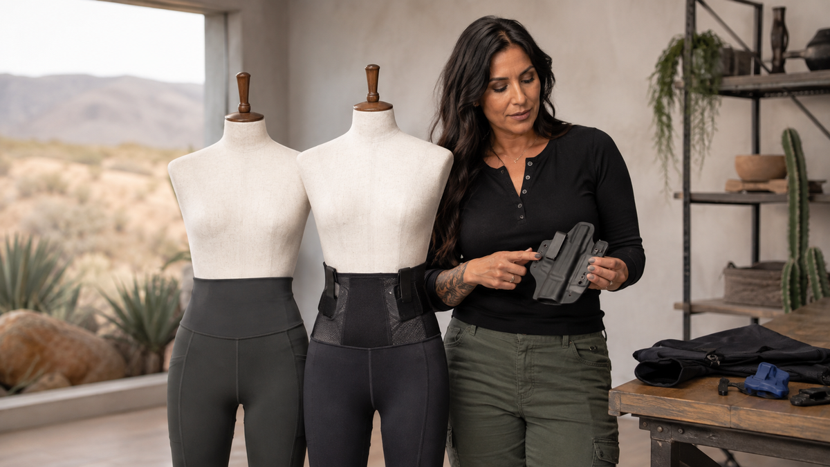A woman comparing reinforced carry leggings with ordinary leggings
