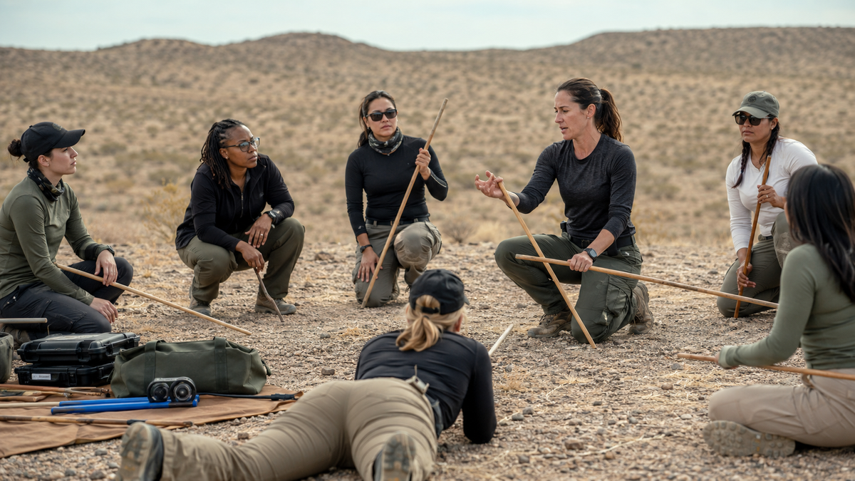 A female instructor teaching women practical field shooting positions
