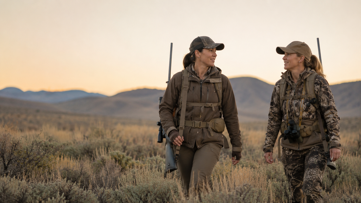 Two women walking together on a first hunting trip