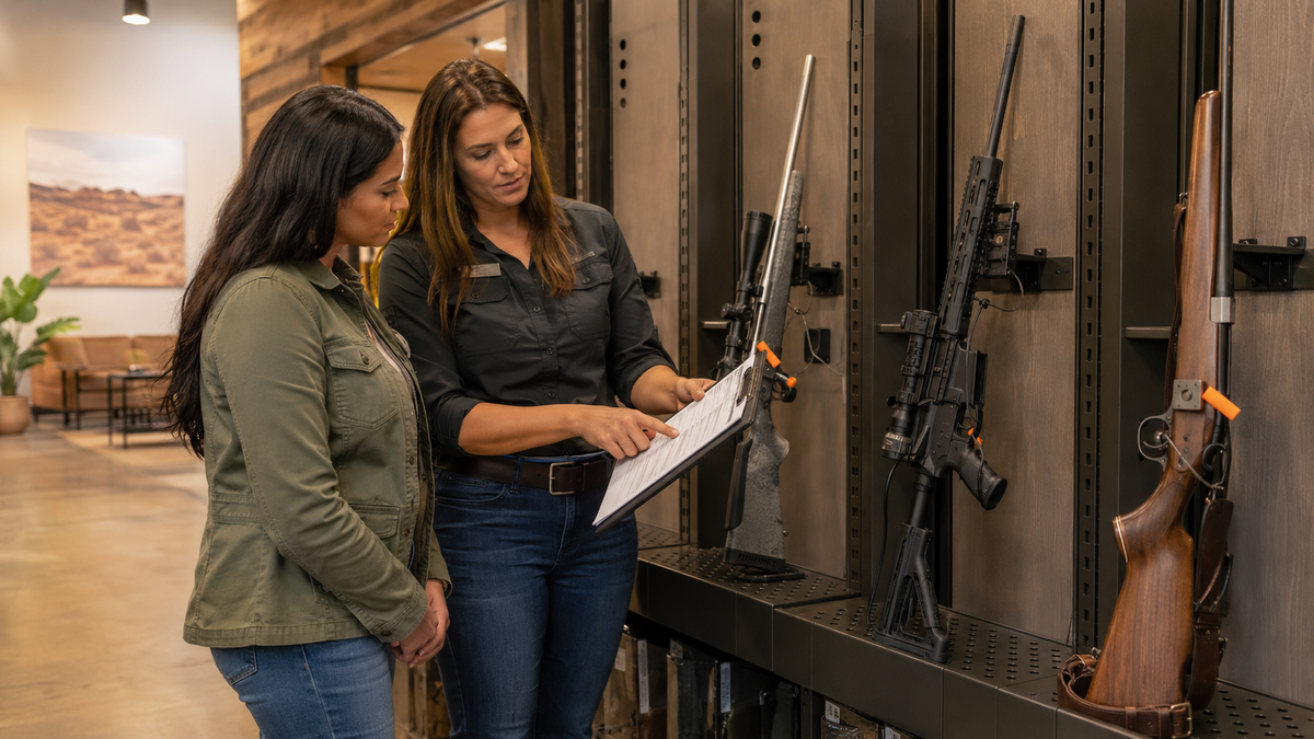 Two women comparing securely displayed rifles for different uses