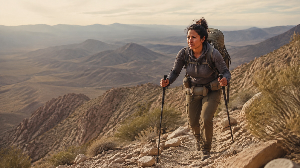 A woman training with a loaded pack for her first western hunt