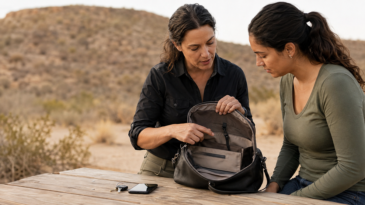 A female instructor explaining the dedicated compartment in a carry purse