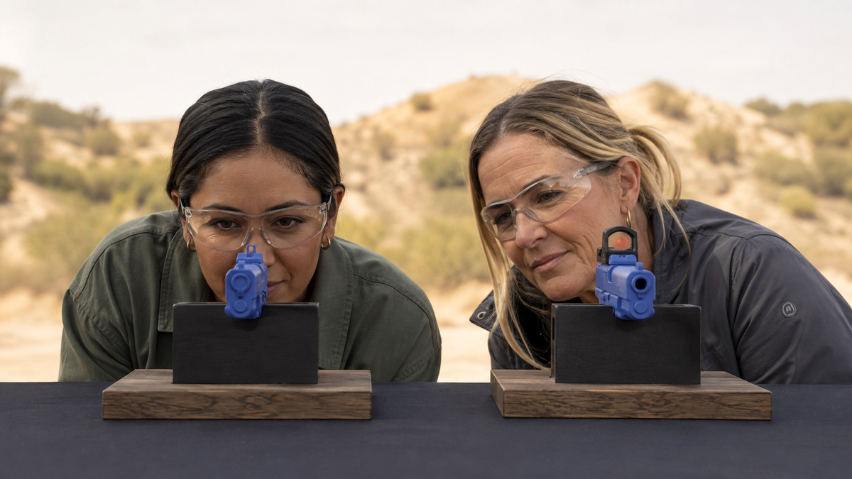 Two women comparing red-dot and iron sights on inert training pistols