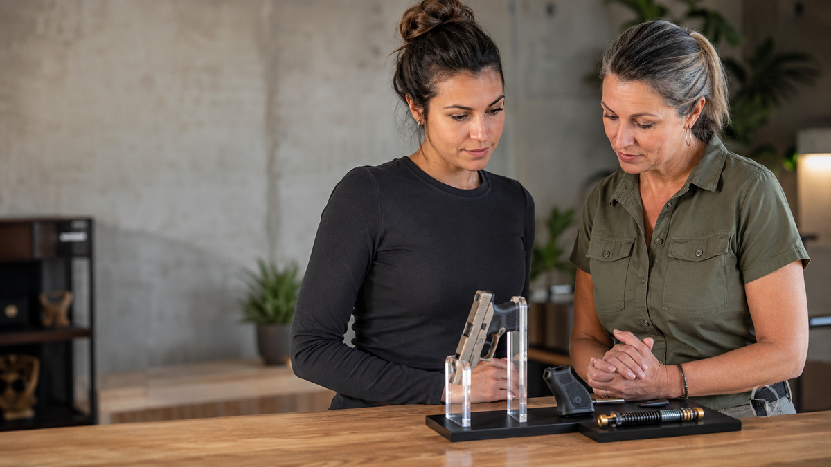 Two women examining why very small handguns can be harder to shoot