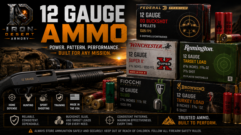 12 Gauge ammo collection featuring buckshot, slugs, birdshot, and target loads for hunting, sport shooting, and home defense at Iron Desert Armory.