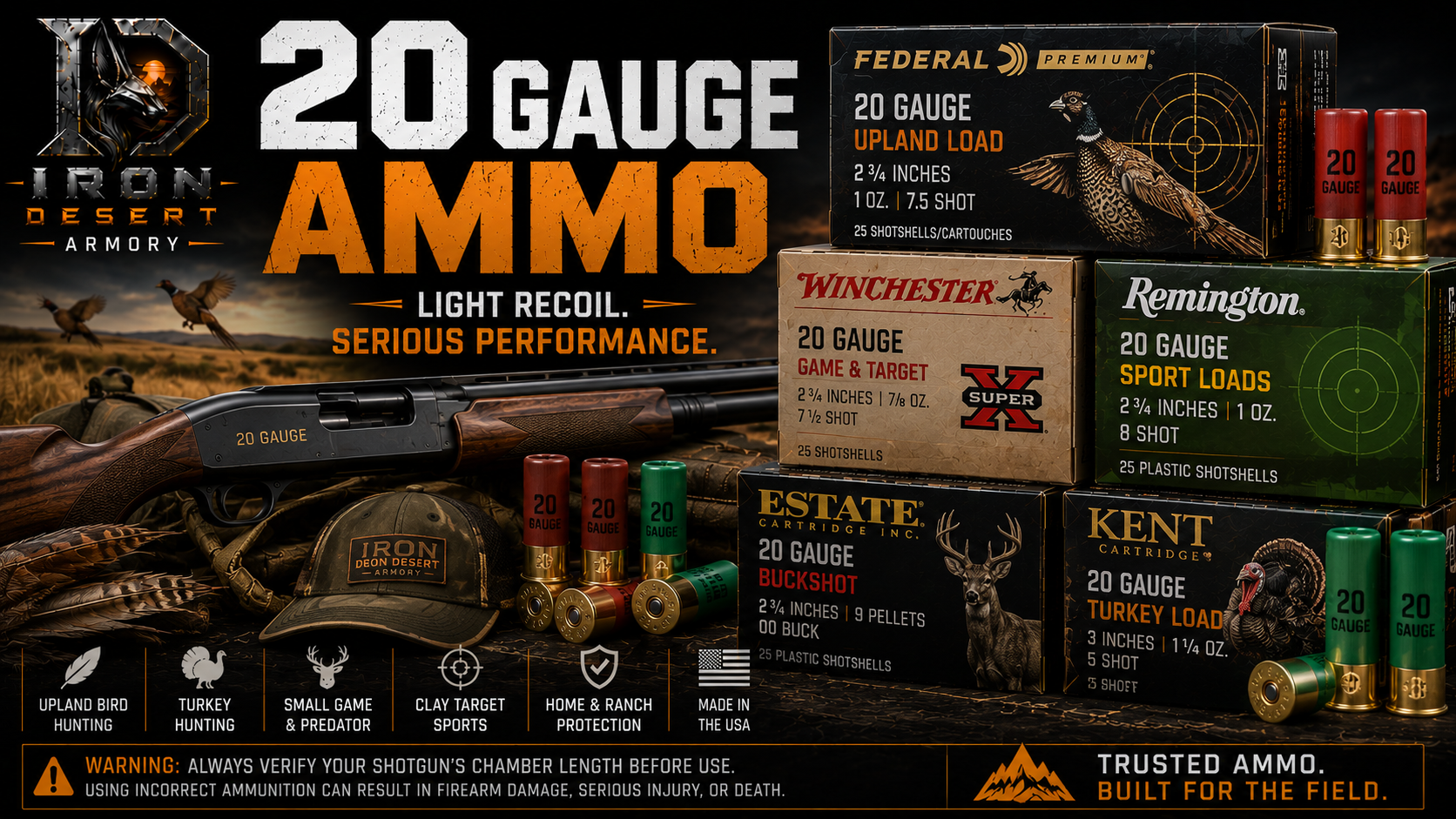 20 Gauge ammo collection featuring birdshot, buckshot, slugs, and hunting loads for sport shooting and outdoor use at Iron Desert Armory.