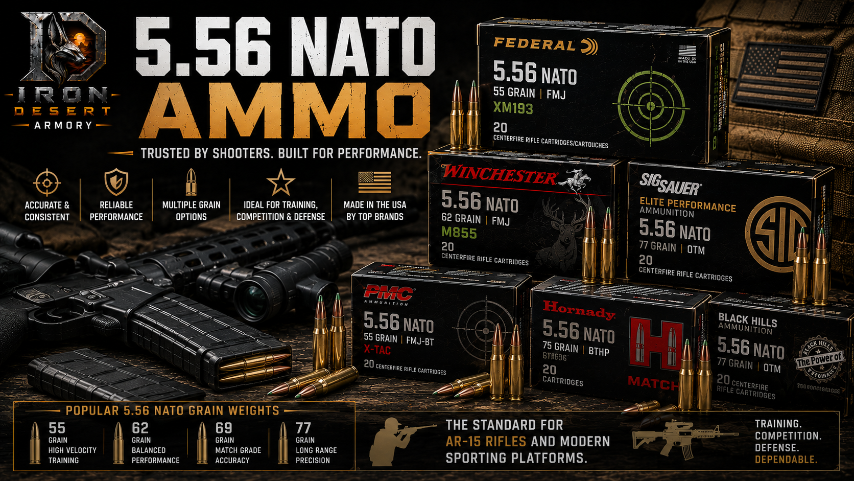 5.56 NATO ammo collection featuring rifle ammunition for AR-15s, training, target shooting, and defense at Iron Desert Armory.