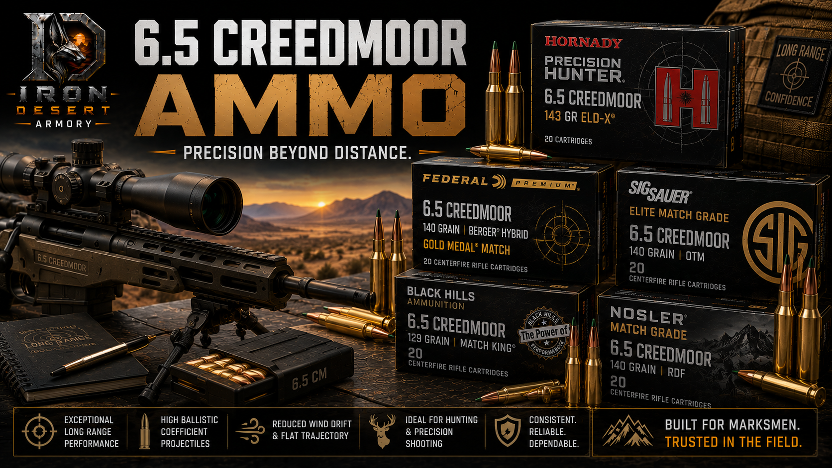 6.5 Creedmoor ammo collection featuring precision rifle ammunition for hunting and long-range shooting at Iron Desert Armory.