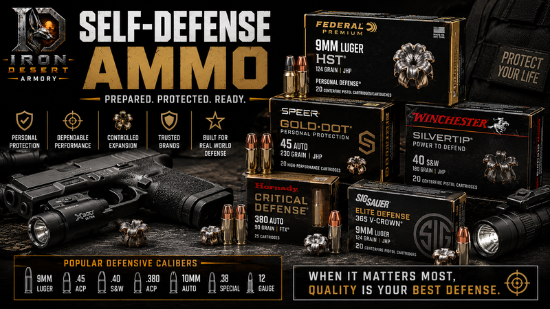 "9mm ammo collection featuring handgun ammunition for target shooting, concealed carry, and self-defense at Iron Desert Armory."