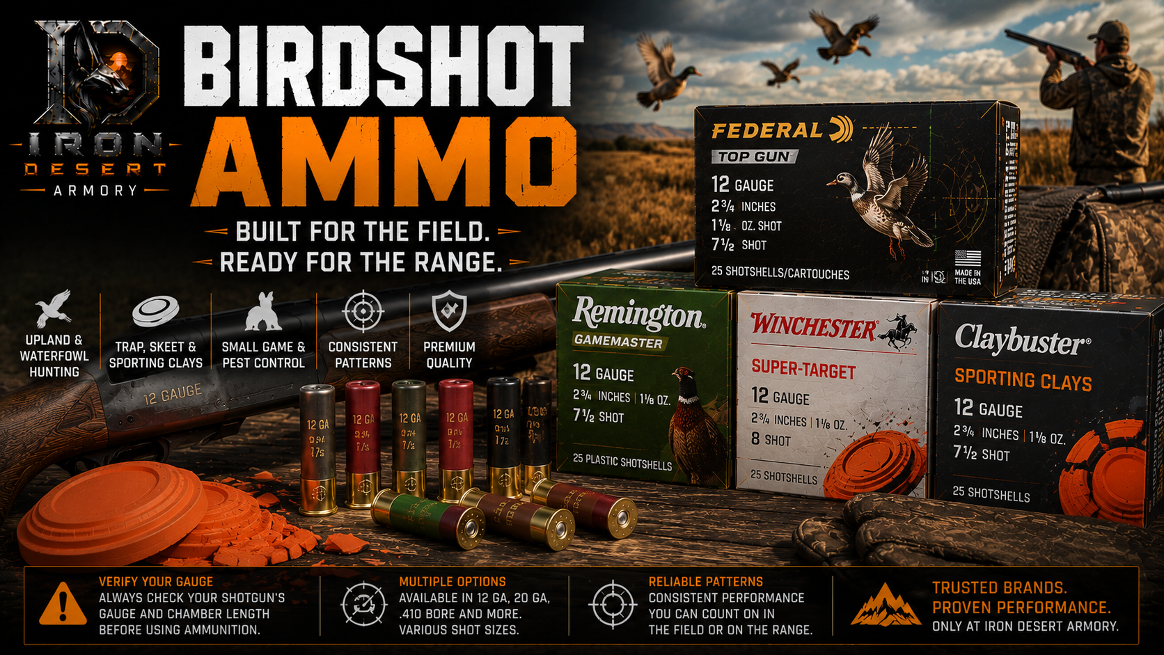 Birdshot ammo collection featuring shotgun shells for hunting, trap, skeet, sporting clays, and small game at Iron Desert Armory.