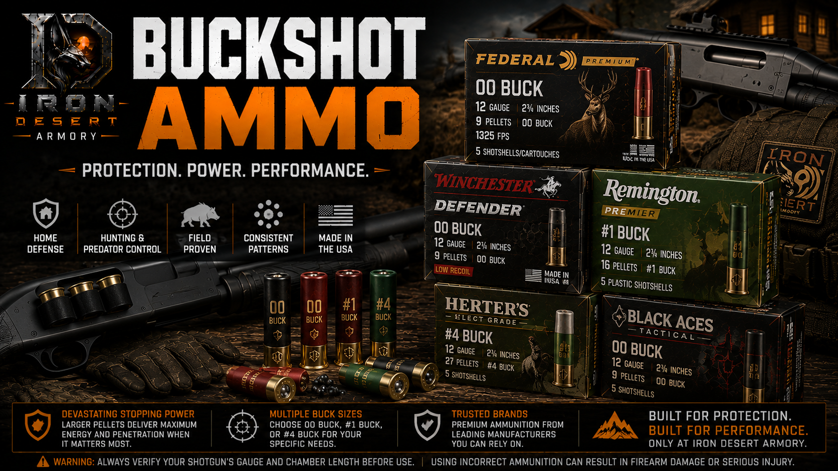 Buckshot ammo collection featuring 00 Buck, #1 Buck, and defensive shotgun shells for hunting and home defense at Iron Desert Armory.