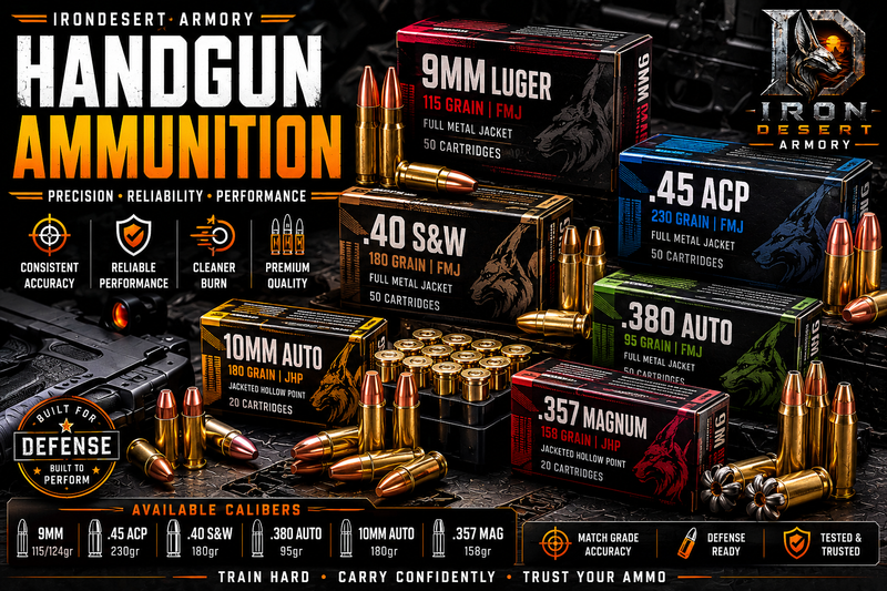 Handgun ammo collection featuring pistol ammunition for target shooting, training, concealed carry, and self-defense at Iron Desert Armory.