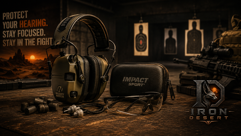 Hearing protection for shooting and hunting featuring electronic earmuffs, ear plugs, and range safety gear from Iron Desert Armory.