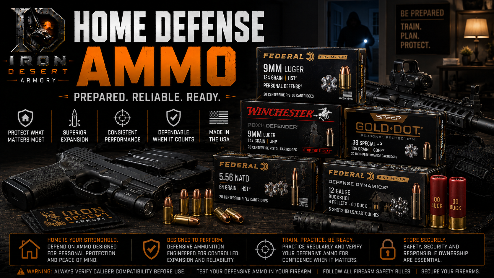 Home defense ammo collection featuring defensive handgun, rifle, and shotgun ammunition for reliable personal protection at Iron Desert Armory.
