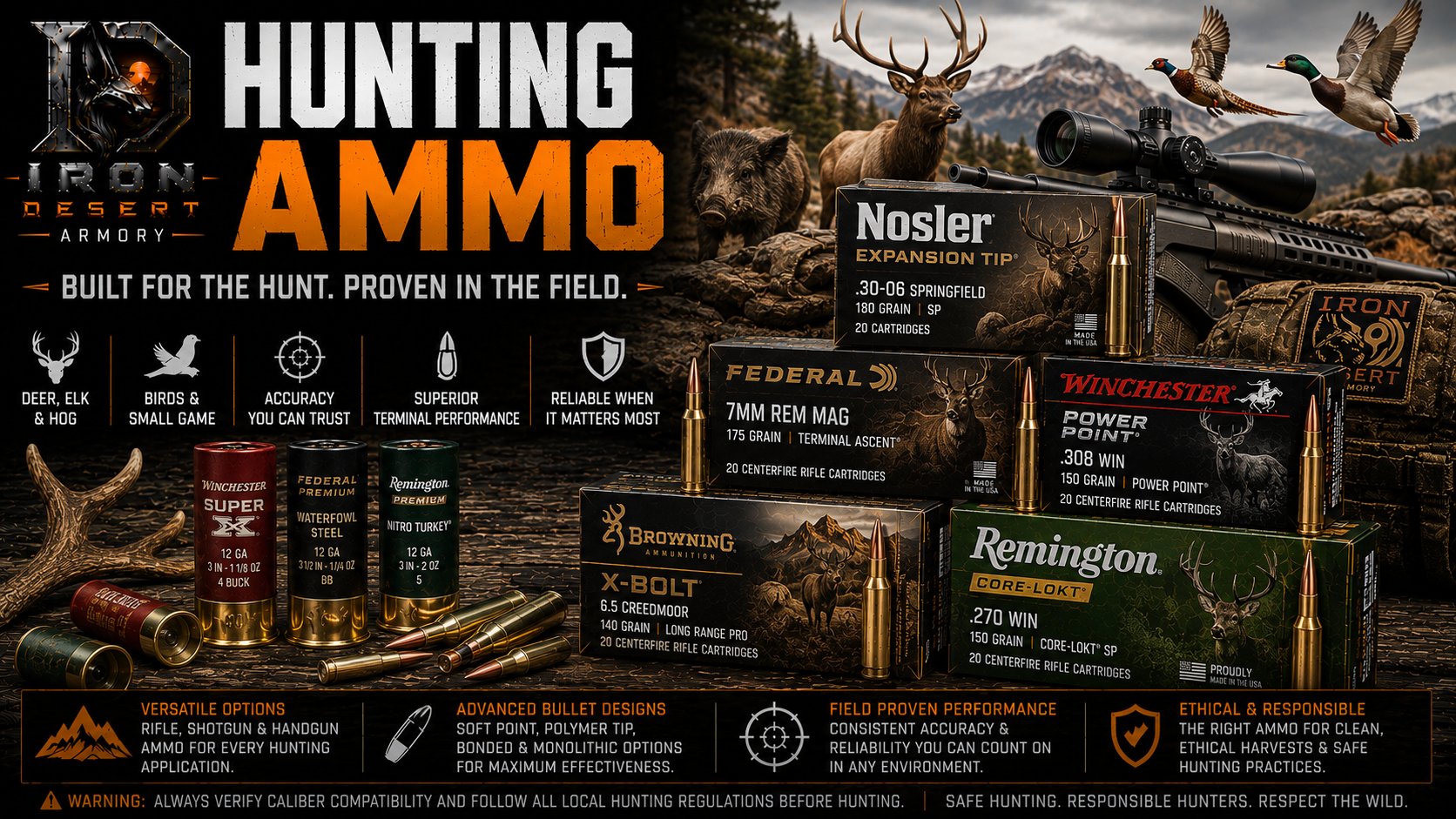 Hunting ammo collection featuring rifle cartridges and shotgun shells for deer, elk, hog, bird, and predator hunting at Iron Desert Armory.