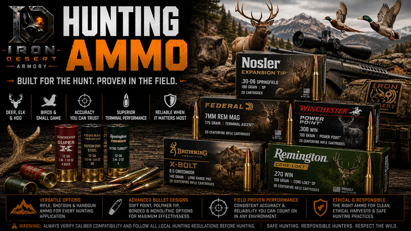 Hunting ammo collection featuring rifle cartridges and shotgun shells for deer, elk, hog, bird, and predator hunting at Iron Desert Armory.
