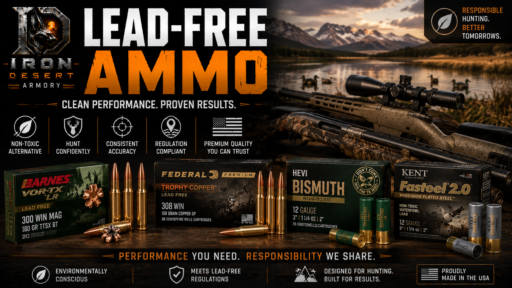 Lead-free ammo collection featuring non-toxic rifle and shotgun ammunition for hunting and outdoor use at Iron Desert Armory.