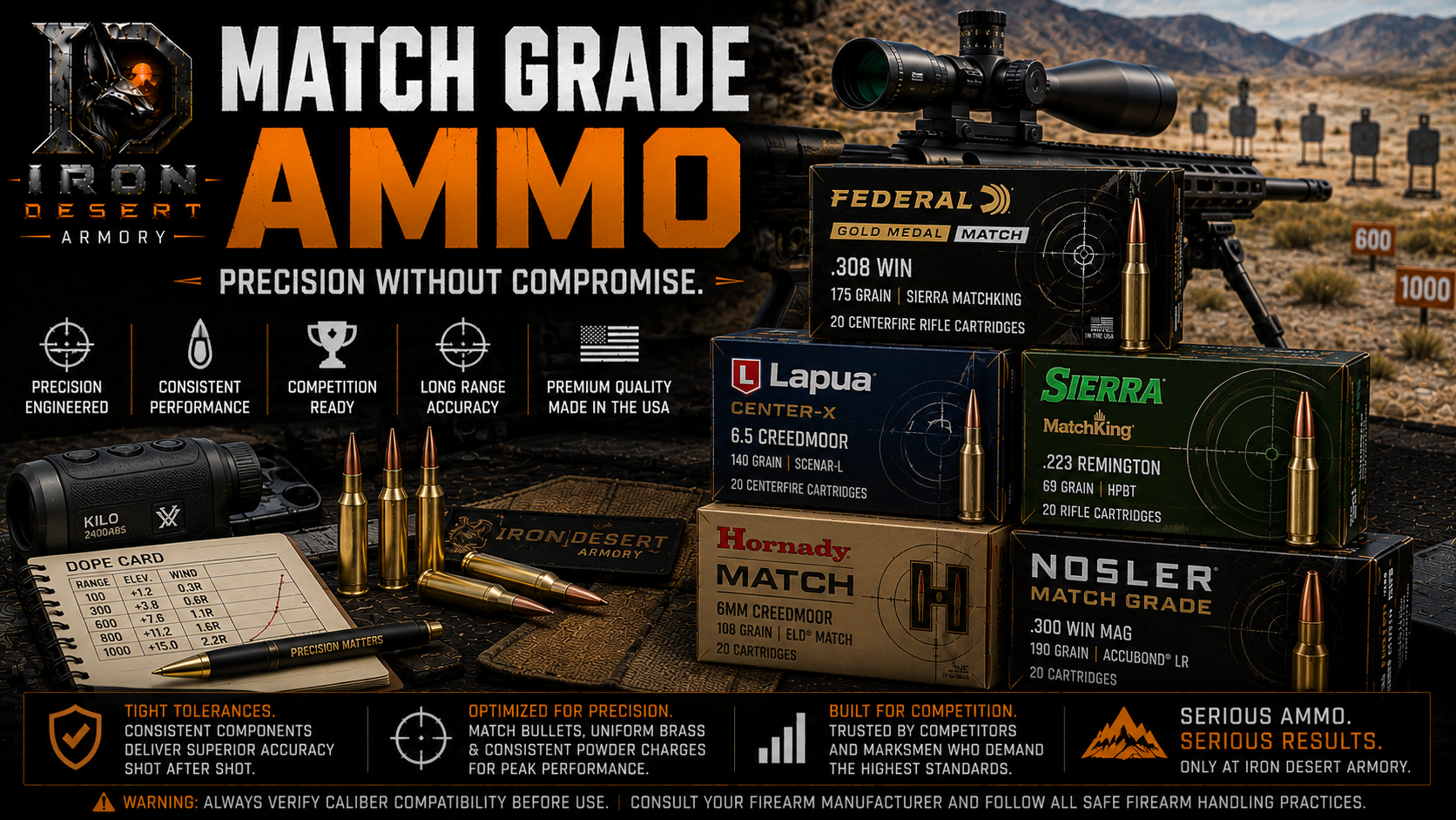 Match grade ammo collection featuring precision rifle ammunition for competition and long-range shooting at Iron Desert Armory.