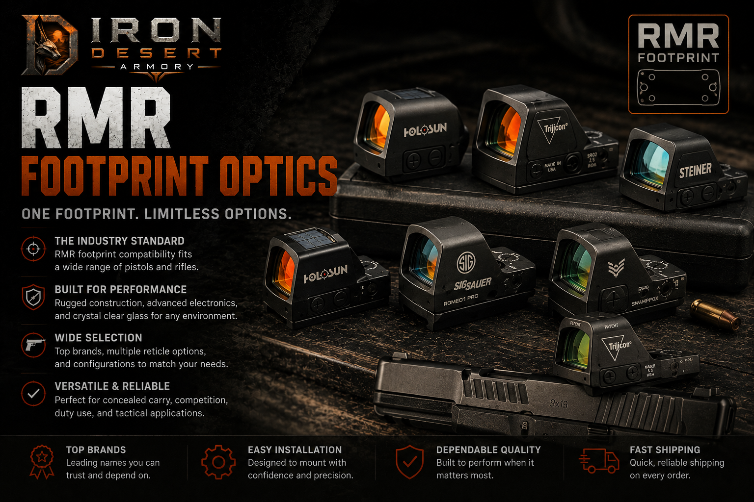 Collection banner for RMR Footprint Optics featuring multiple RMR-compatible red dot sights for pistols and rifles with the Iron Desert Armory logo and tactical shooting theme