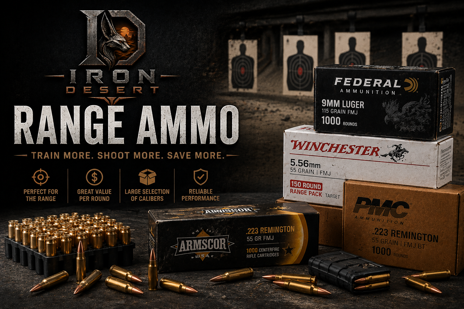Iron Desert Armory Range Ammo Collection featuring bulk 9mm, 5.56 NATO, and .223 training ammunition for target shooting and range practice.