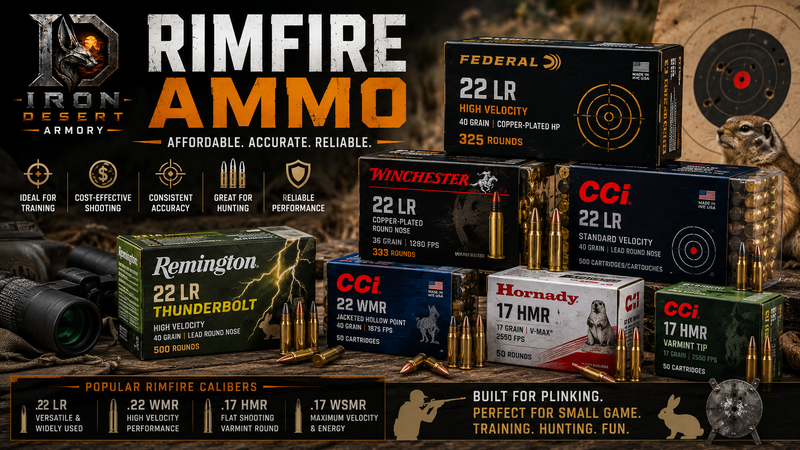 Rimfire ammo collection featuring .22 LR, .22 WMR, and .17 HMR ammunition for hunting, training, and target shooting at Iron Desert Armory.