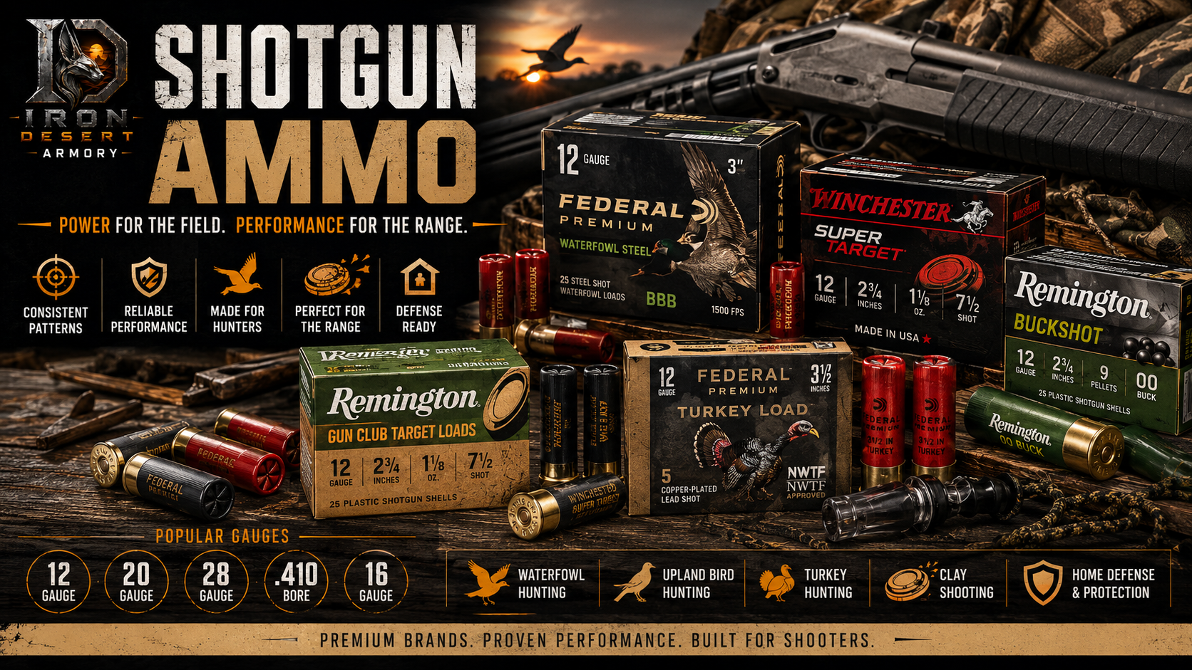 Shotgun ammo collection featuring shells for hunting, clay shooting, and defensive applications at Iron Desert Armory.