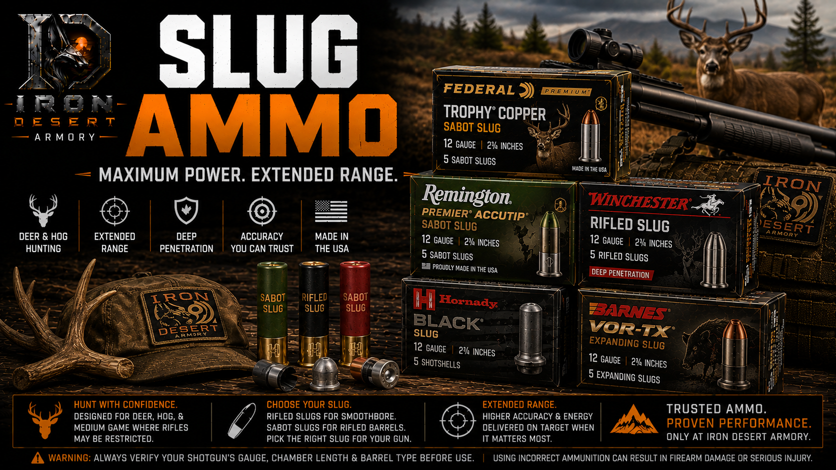 Slug ammo collection featuring shotgun slugs for deer hunting, hog hunting, and extended-range shooting at Iron Desert Armory.