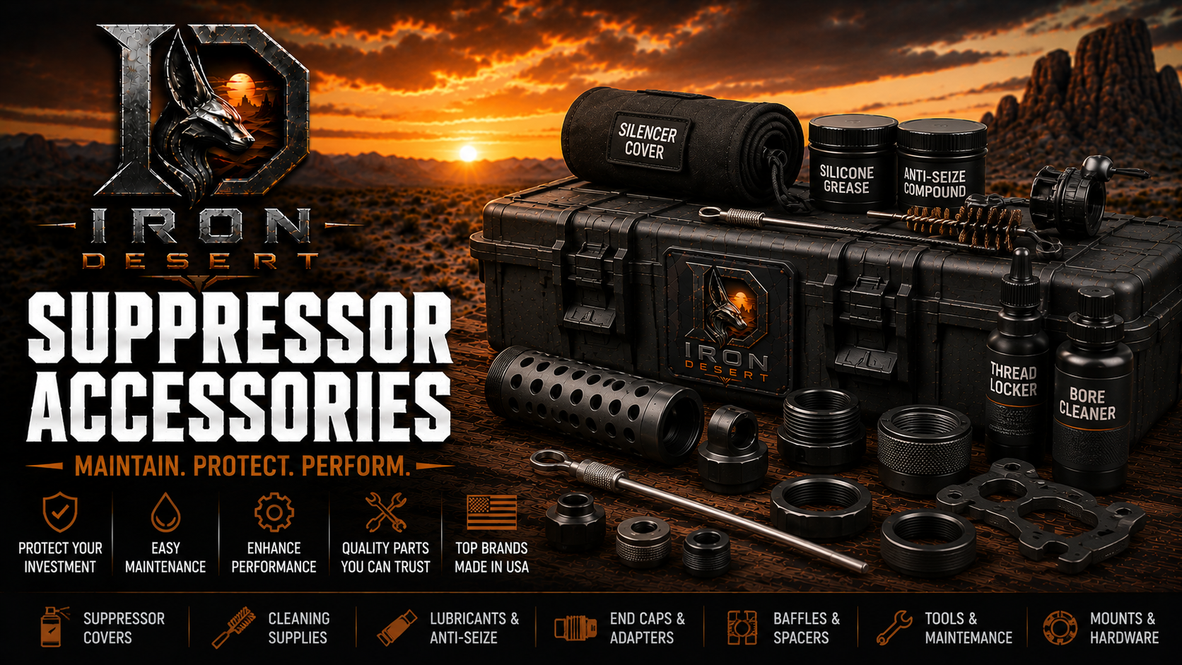 Suppressor covers, cleaning supplies, maintenance tools and suppressor accessories from Iron Desert Armory