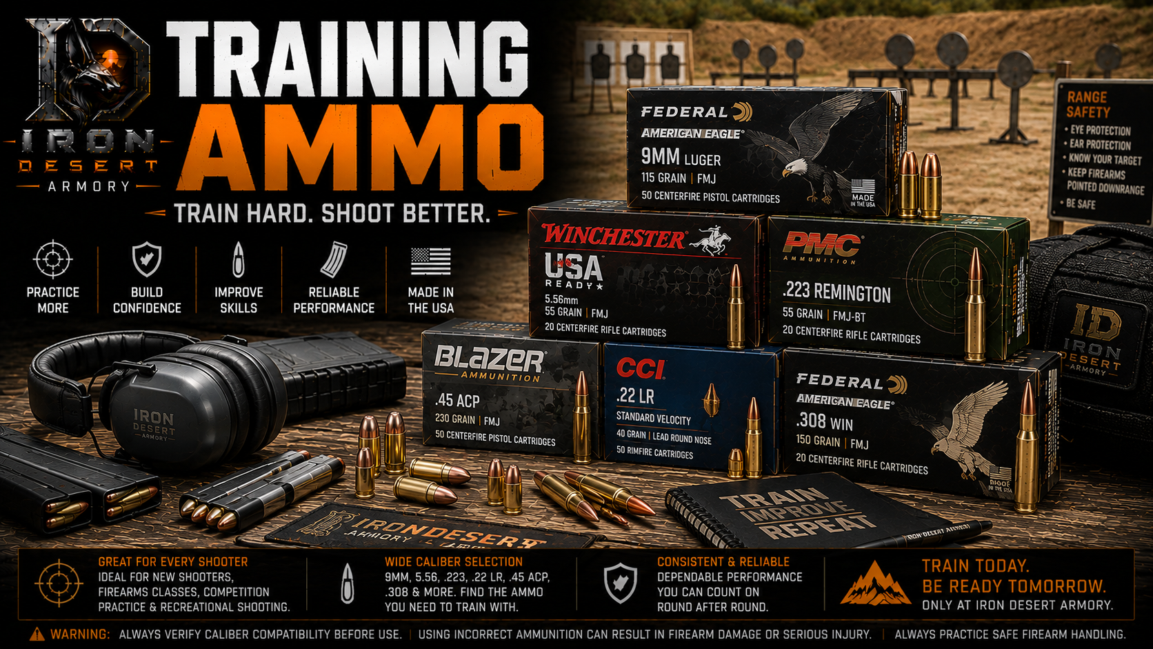 Training ammo collection featuring range and practice ammunition for skill development and recreational shooting at Iron Desert Armory.