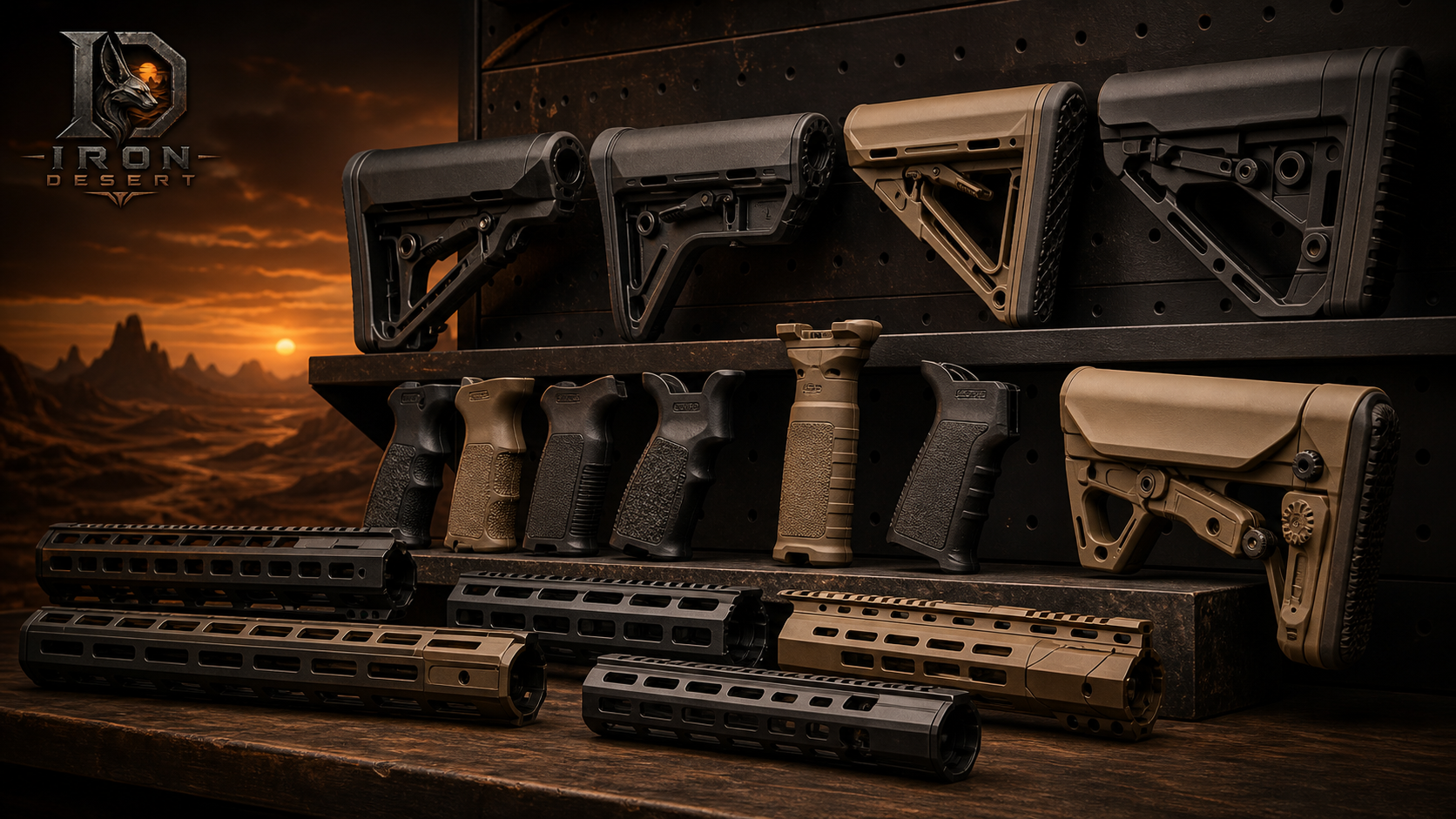 AR stocks grips and handguards on an armorer bench
