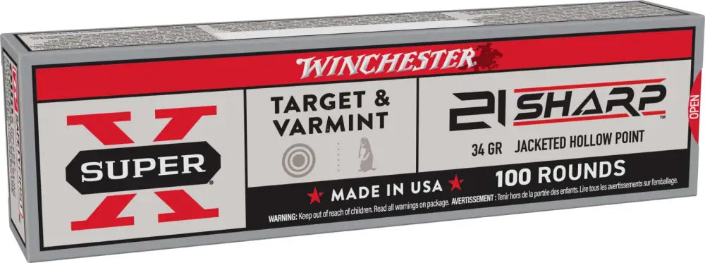 Winchester Ammo Super X 21 Sharp Jacketed Hollow Point 34 Grains, 100 Rounds per Box, 20 Boxes per Case