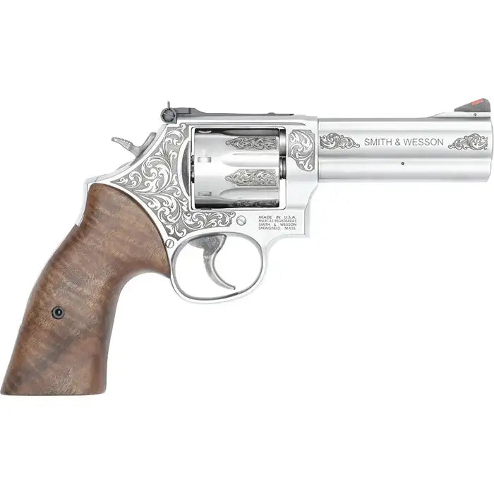 Smith & Wesson 686 Plus Engraved Stainless Revolver with 4.13-Inch Barrel and Walnut Grips