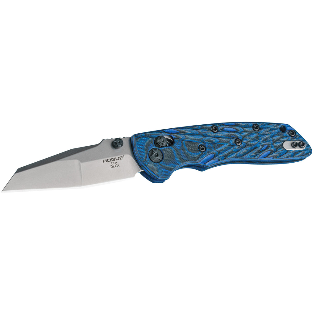 Hogue Deka Folding Knife with CPM-20CV Blade, 3.25-inch Plain Edge, Blue Handle
