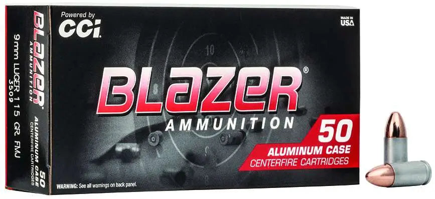 CCI 9mm Luger 115 Grain FMJ Blazer Ammunition – 50 Rounds per Box, 20 Boxes per Case