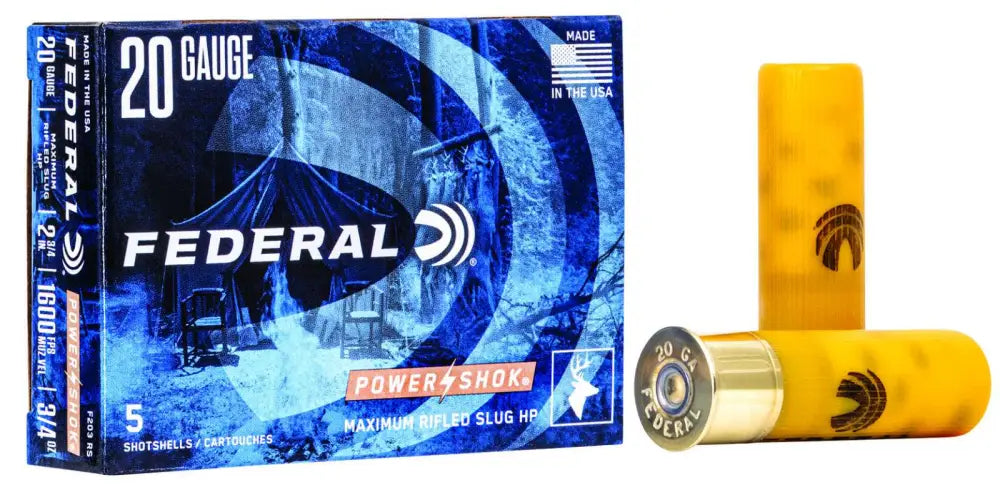 Federal 20 Gauge Rifled Slug Ammunition - 2-3/4 inch, 3/4 oz Hollow Point, 1600 fps, 5 Rounds per Box
