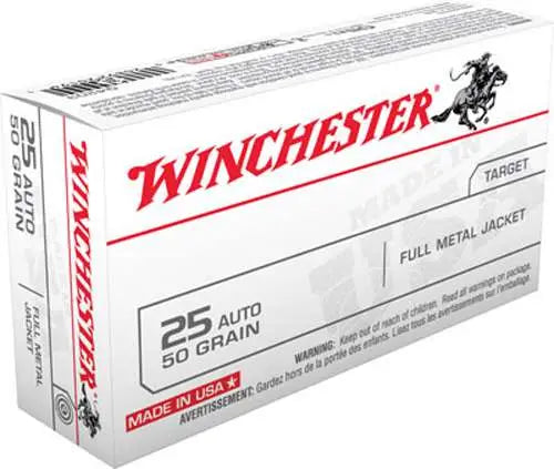 Winchester Ammo .25 ACP 50 Grain FMJ Target Shooting Cartridges - 50 Rounds