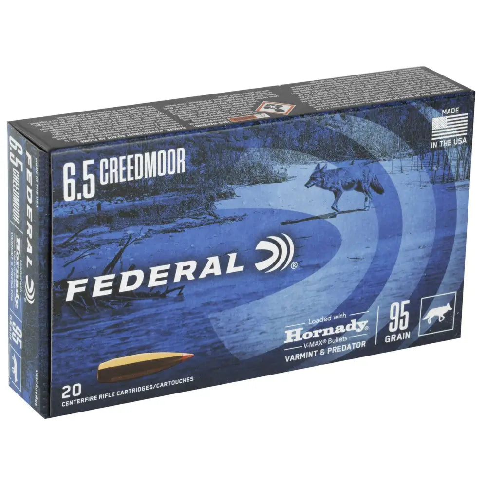 Federal 6.5 Creedmoor 95-Grain Hornady V-Max Varmint & Predator Ammunition – 20 Rounds per Box