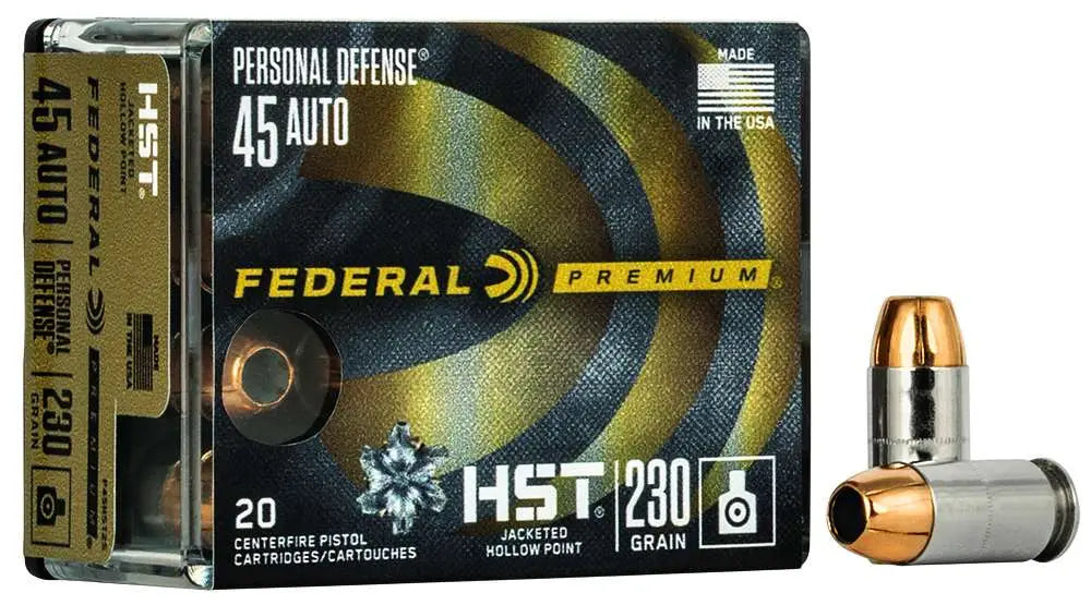 Federal 45 Auto 230 Grain HST Jacketed Hollow Point Ammunition – Personal Defense Series, 20 Rounds per Box