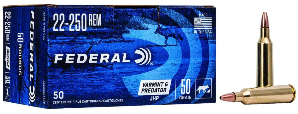 Federal .22-250 Remington Varmint & Predator Jacketed Hollow Point Ammo - 50 Grain, 50 Rounds per Box