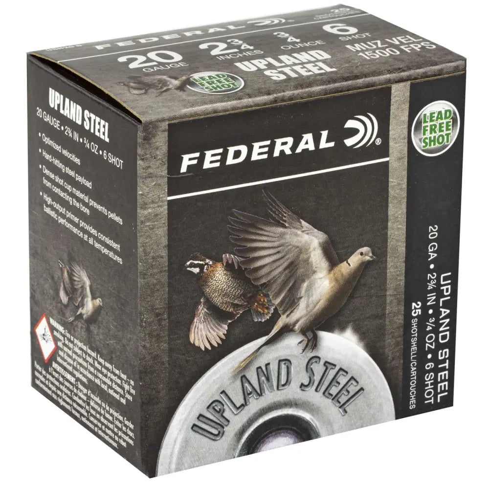 Federal 20 Gauge Upland Steel Shot Ammunition, 2.75-Inch, 3/4 Oz, 6 Shot, 1500 FPS, 25 Rounds Per Box