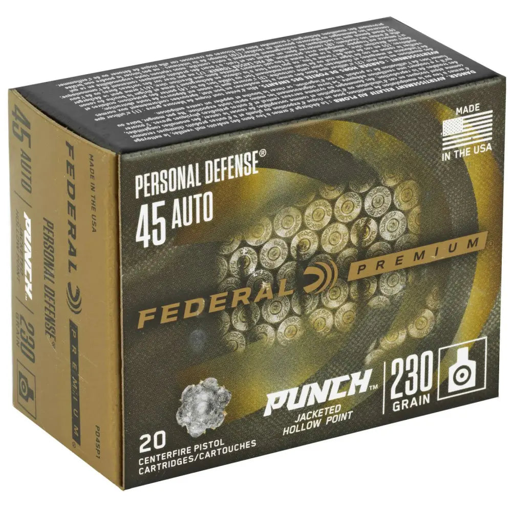 Federal 45 Auto Personal Defense Punch 230 Grain Jacketed Hollow Point Ammunition - 20 Rounds per Box, 10 Boxes per Case