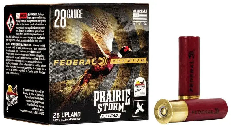 Federal 28 Gauge Prairie Storm FS Shotshells – 2-3/4 inch, 13/16 oz, Copper-Plated Lead, 6 Shot, 25 Rounds per Box